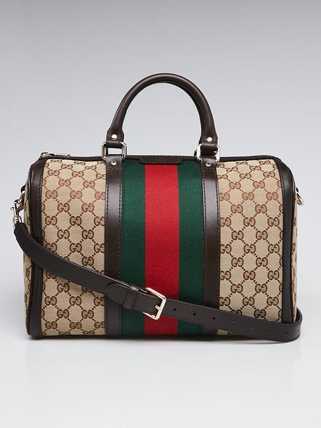 Gucci Beige/Dark Brown GG Canvas Vintage Web Medium Boston Bag w/Shoulder Strap