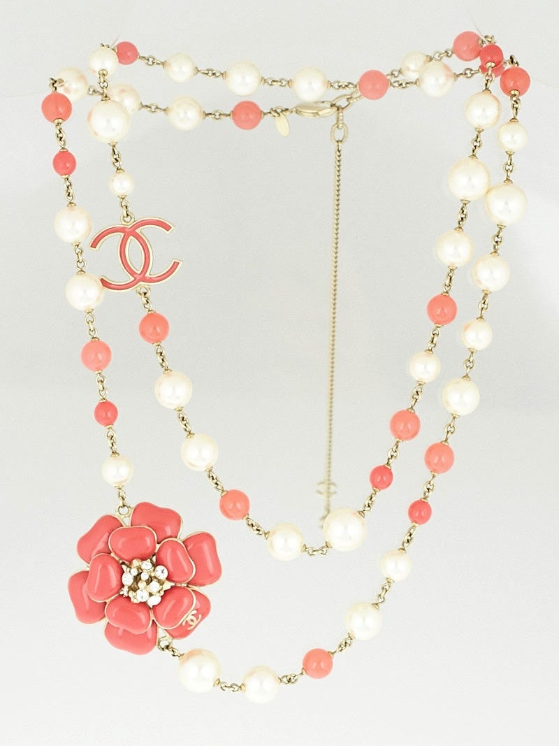 Chanel Coral Resin Beads and Glass Pearls CC Camellia Long Necklace - Yoogi's  Closet