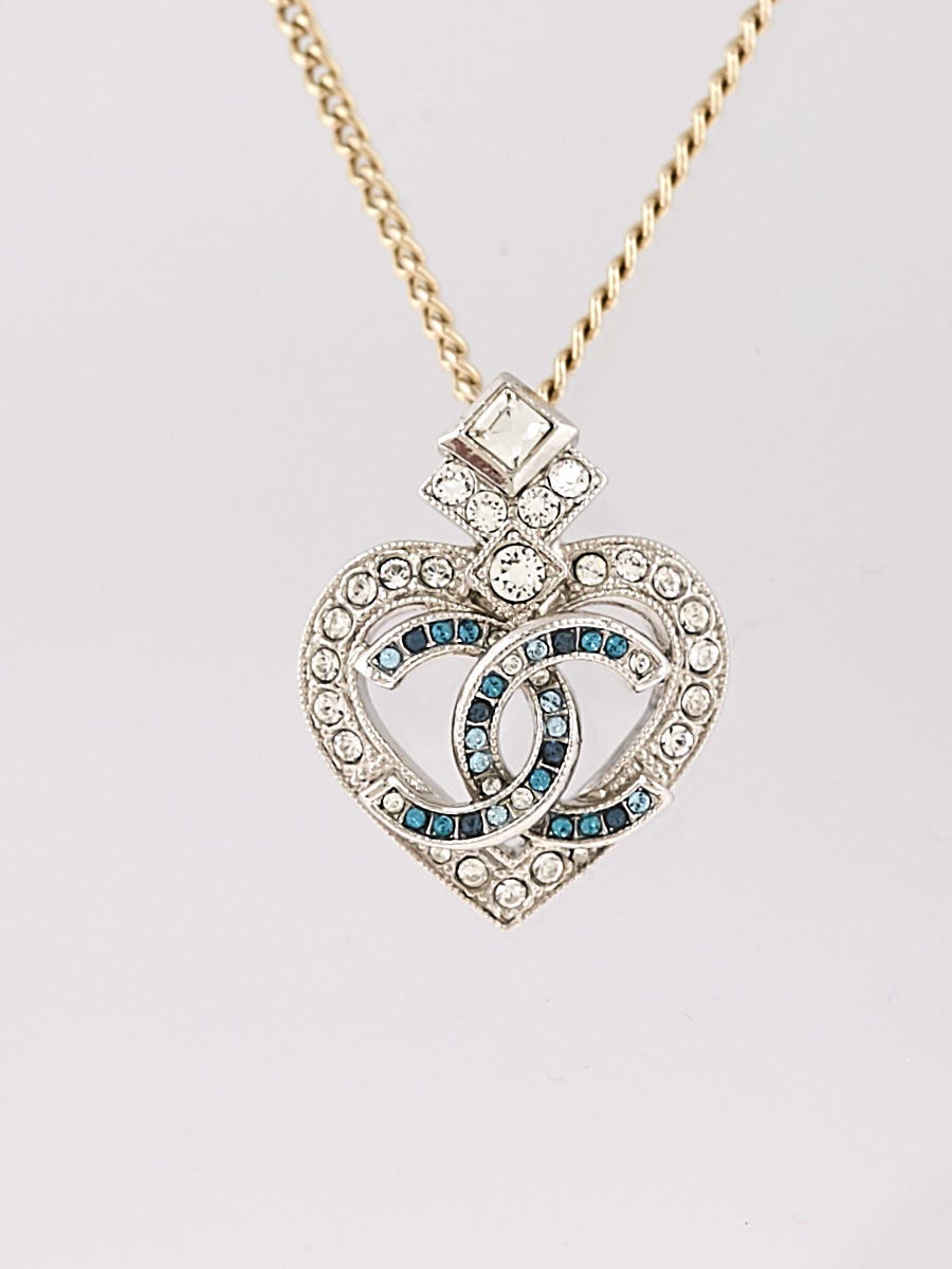 Chanel Blue/White Crystal Heart Crest CC Pendant Necklace - Yoogi's Closet