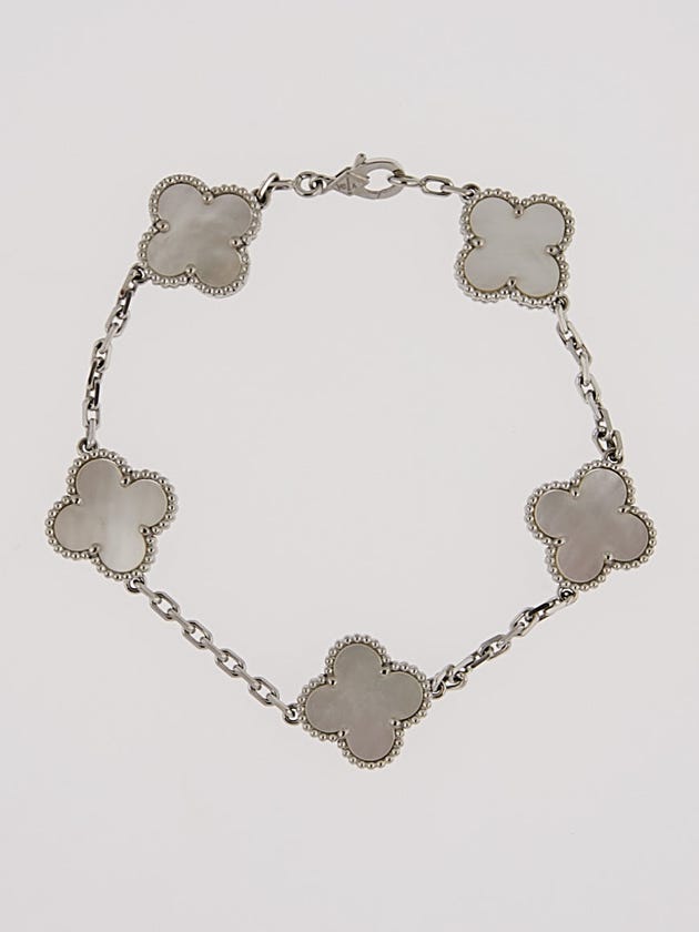 Van Cleef & Arpels 18k White Gold and Mother of Pearl Vintage Alhambra 5 Motif Bracelet
