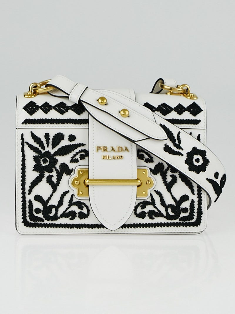 Prada Black/White Embroidered Leather Cahier Bag 1BD045 - Yoogi's Closet
