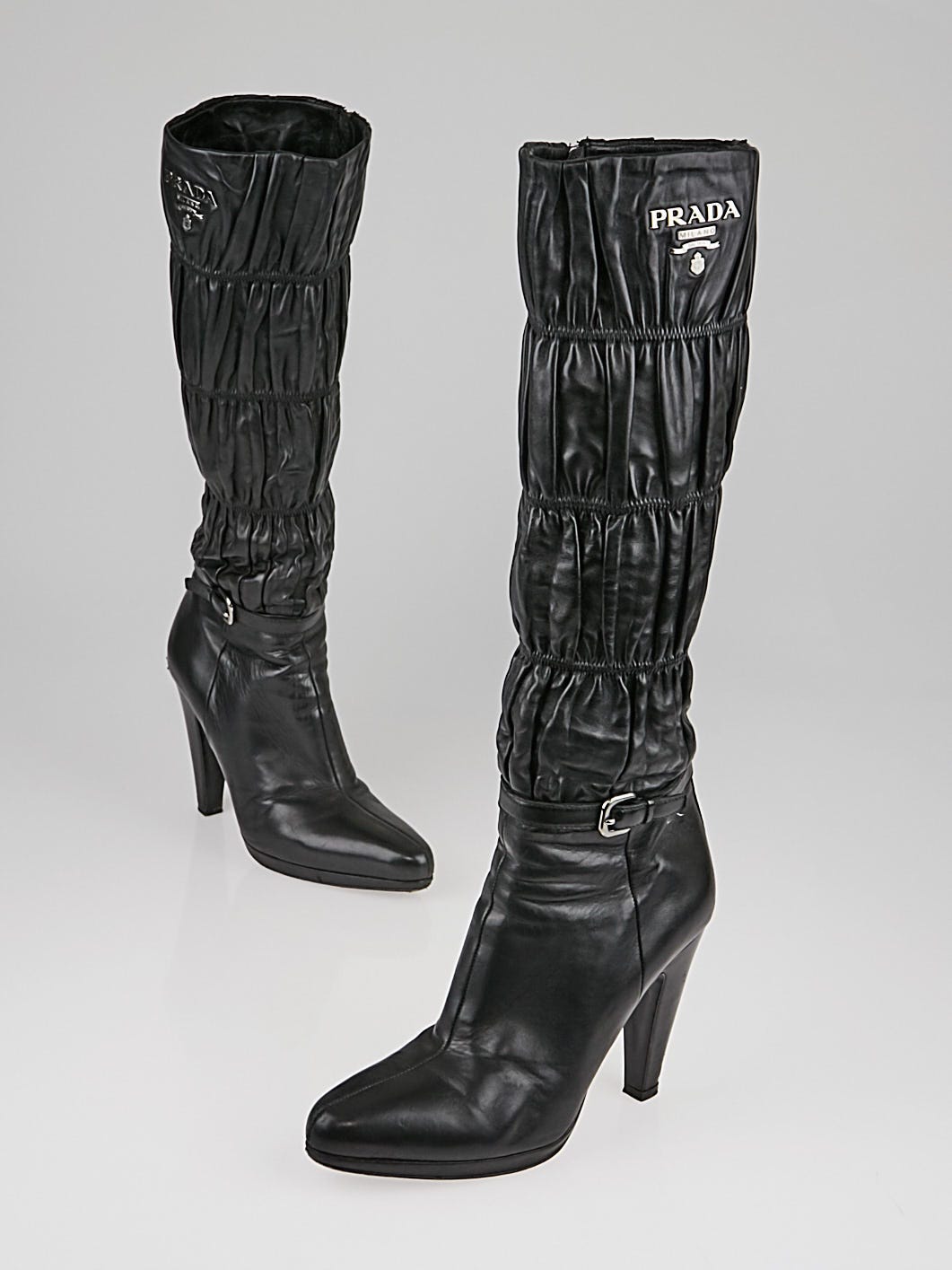 Prada Black Ruched Leather High Heel Boots Size /37 - Yoogi's Closet