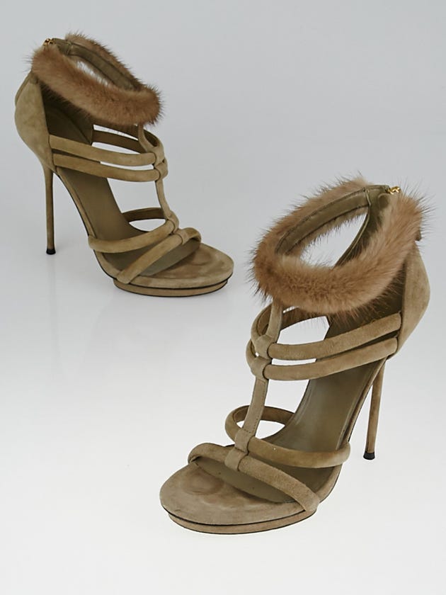 Gucci Grey Suede and Mink Camila T-Strap Sandals Size 6.5/37
