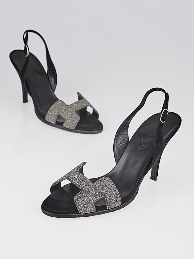Hermes Silver Crystal and Suede Night 70 Slingback Sandals Size 6.5/37