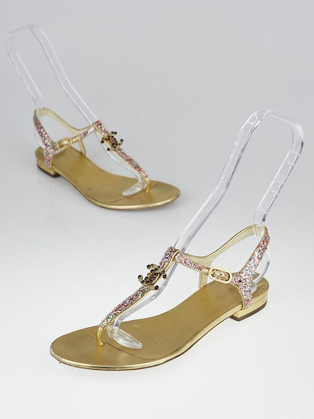 Chanel Gold and Multicolor Glitter T-Strap Thong Sandals Size 6.5/37