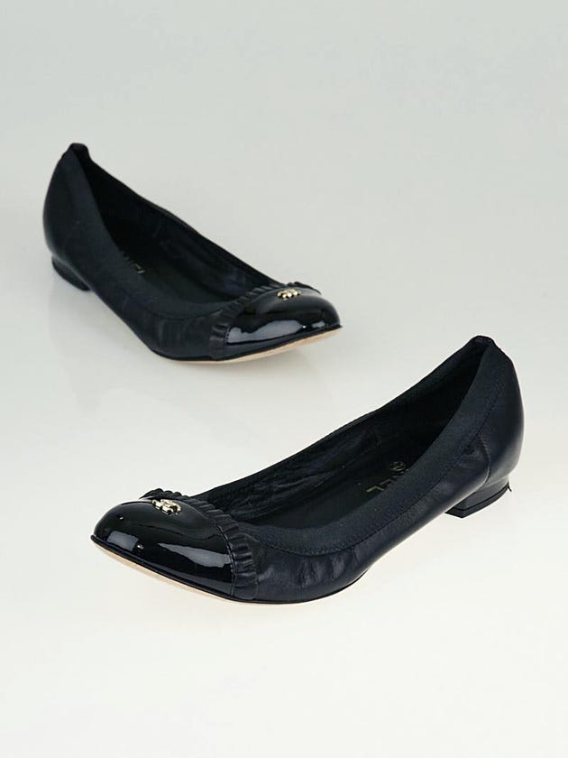 Chanel Black Lambskin Leather Ruffle Cap Toe Elastic Ballet Flats Size 8.5/39