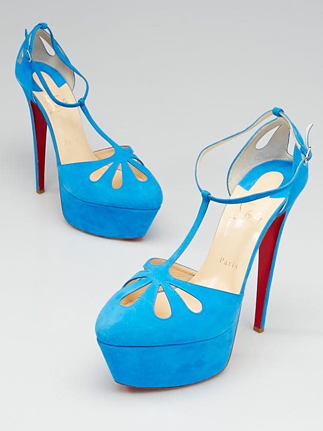 Christian Louboutin Blue Suede T-Strap Platform Mayada Pumps Size 10.5/41