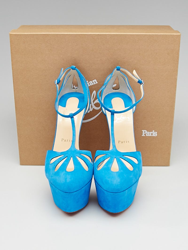 Christian Louboutin Blue Suede T-Strap Platform Mayada Pumps