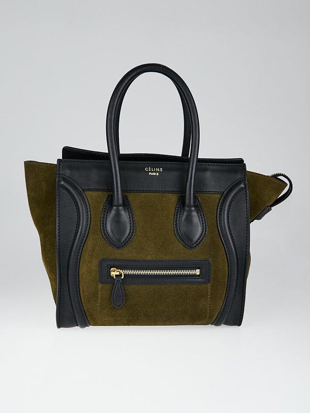 Celine Olive Green/Black Leather/Suede Micro Luggage Tote Bag