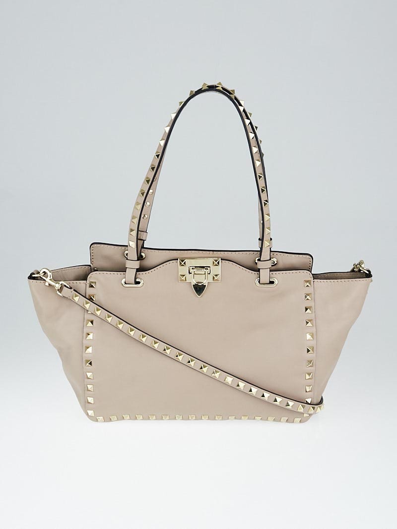 Valentino Taupe Leather Rockstud Trapeze Small Tote Bag - Yoogi's