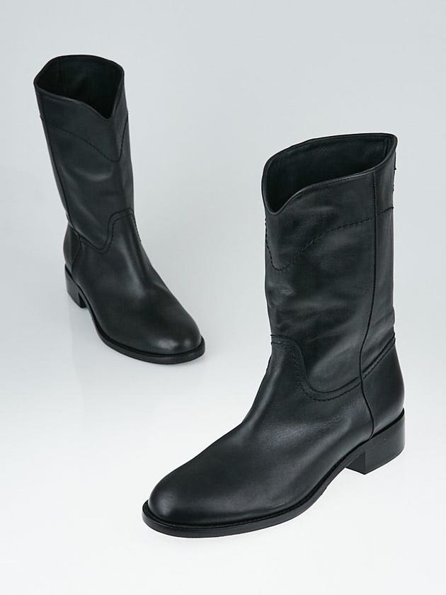 Chanel Black Leather CC Cowboy Mid-Calf Flat Boots Size 10/40.5