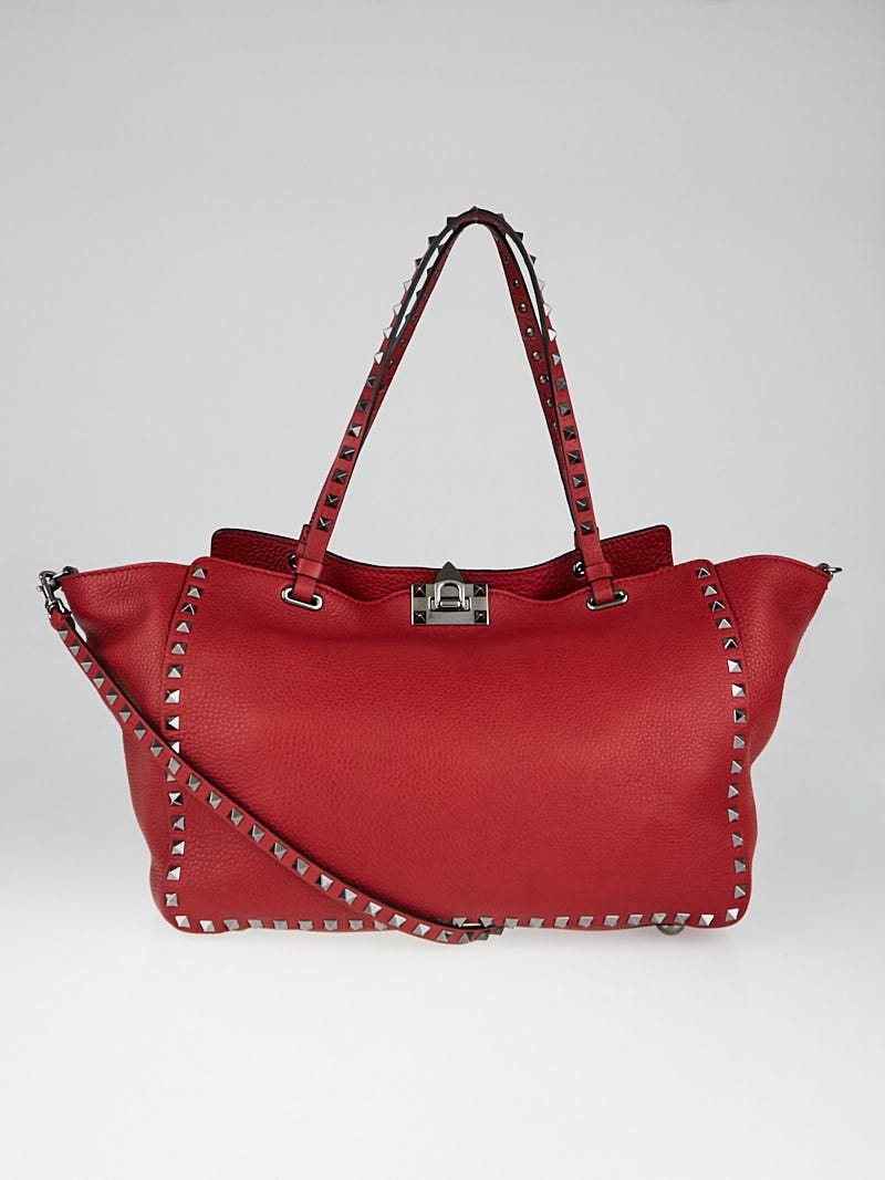 Valentino Red Pebbled Leather Rockstud Trapeze Medium Tote Bag