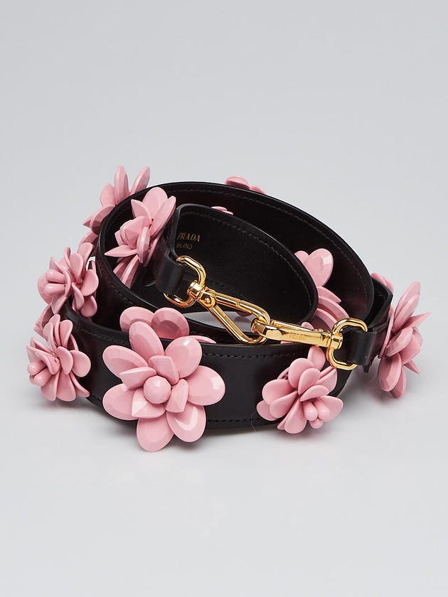 Prada Black Leather Pink Flower Charm Bag Strap