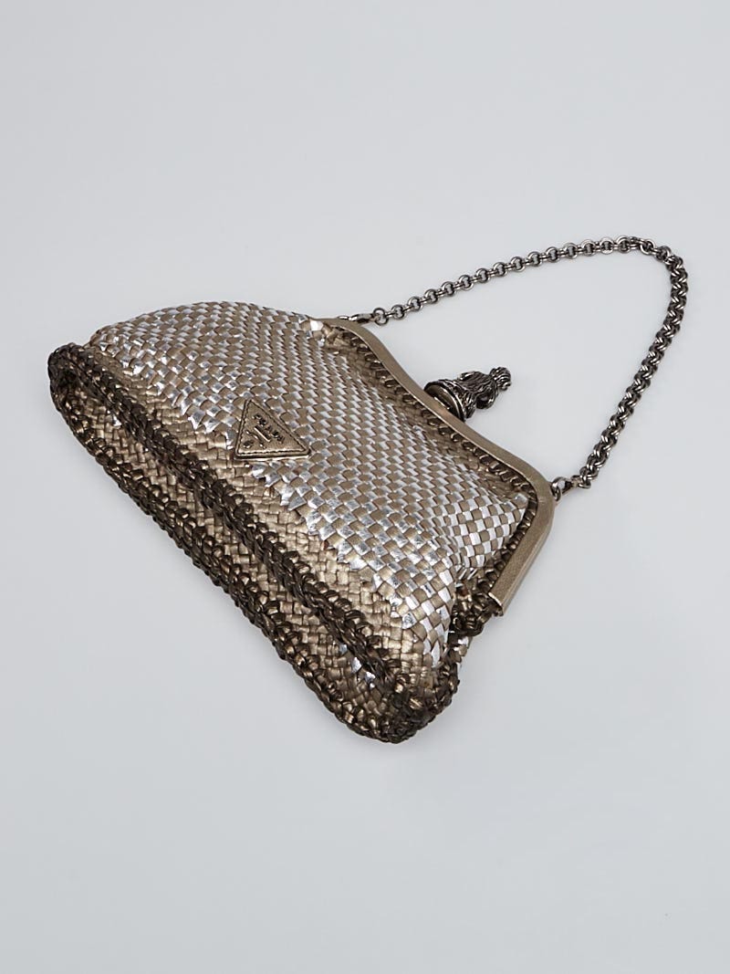 Prada Raffia Woven & Metallic Gold Leather Madras Frame Top Chain Bag