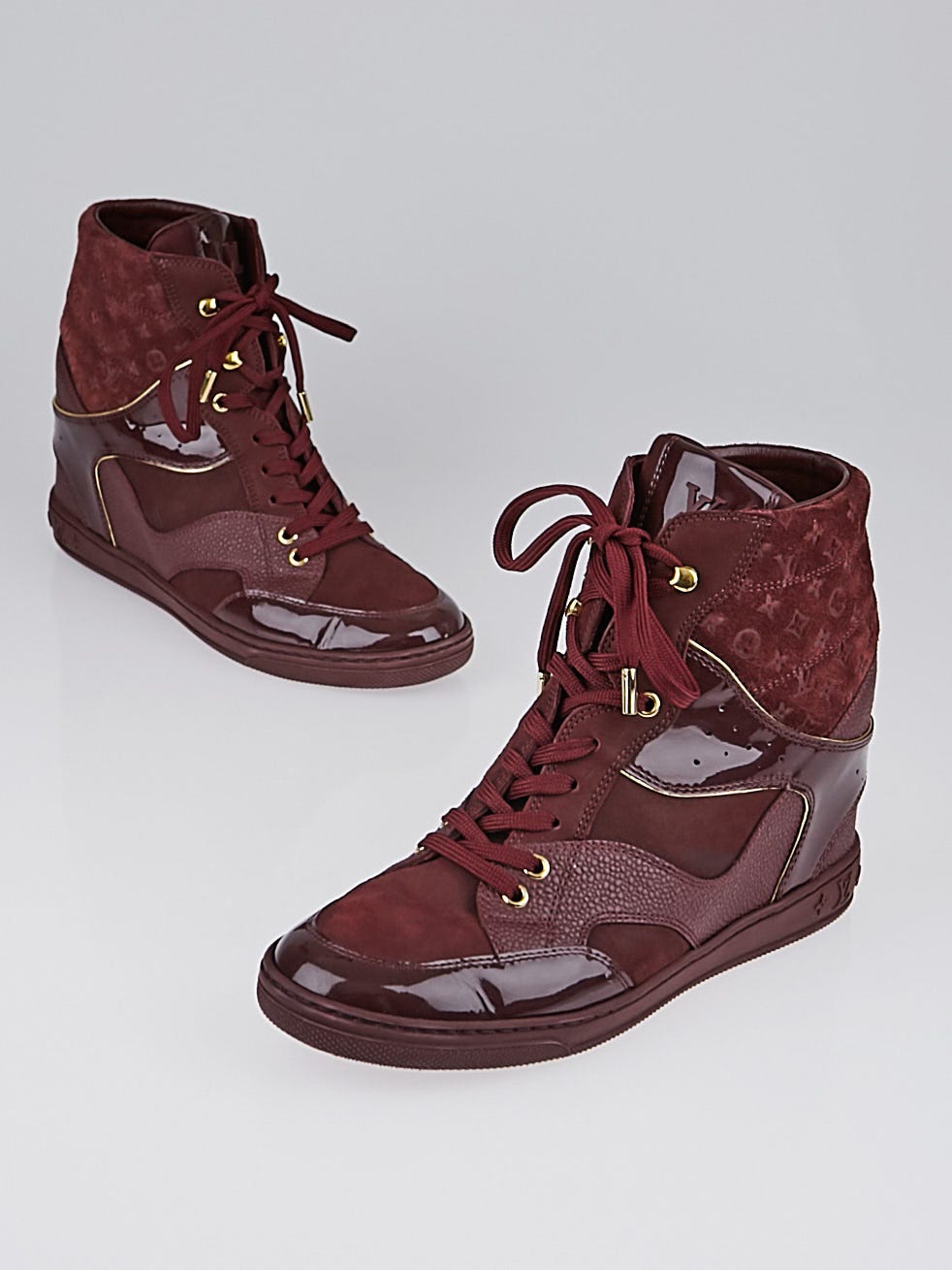 Louis Vuitton Bordeaux Monogram Suede Leather Cliff Top Wedge Sneakers Size  8.5/39 - Yoogi's Closet