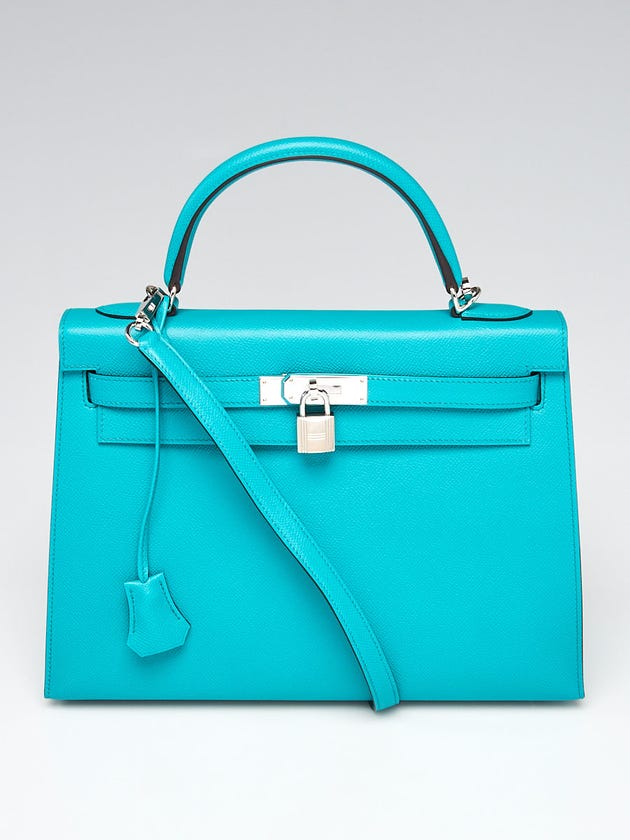 Hermes 32cm Blue Paon Epsom Leather Palladium Plated Kelly Sellier Bag