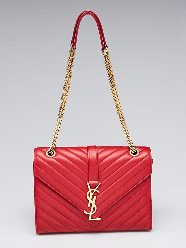 Yves Saint Laurent Red Chevron Quilted Lambskin Leather Monogram Medium Flap Bag