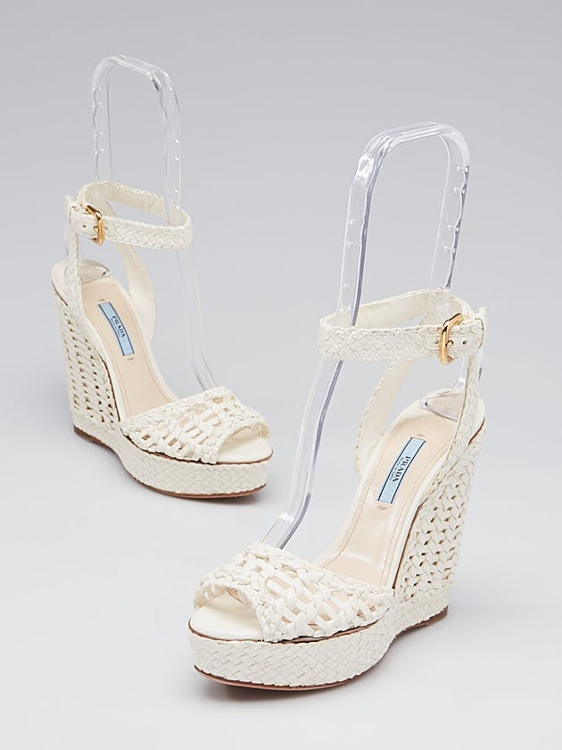 Prada White Braided Leather Peep-Toe Wedges Size 6.5/37