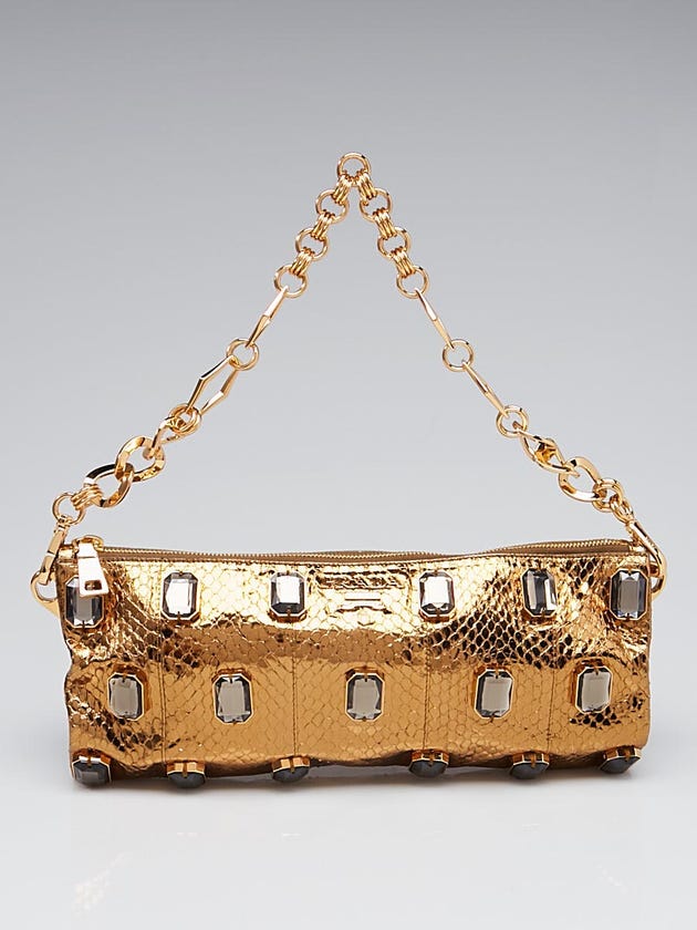 Prada Gold Metallic Snakeskin Jeweled Chain Clutch Bag BP0250