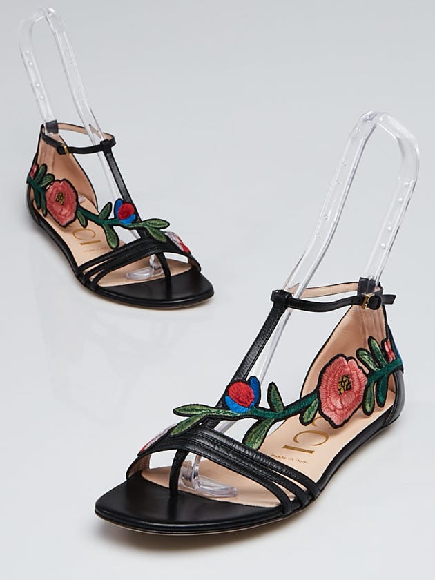 Gucci Black Leather Floral Embroidered Ophelia Flat Sandals Size 37.5/7