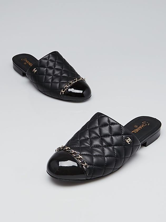 Chanel Black Quilted Lambskin Leather Cap-Toe Chain Mules Size 7.5/38