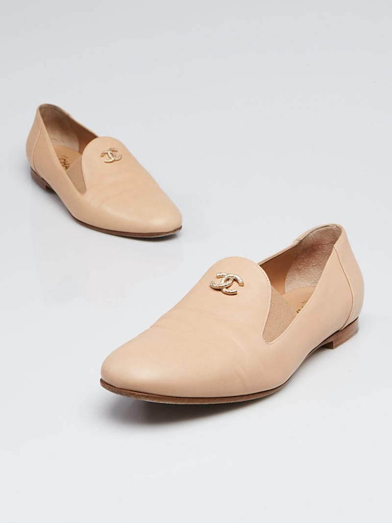 Chanel Beige Lambskin Leather CC Loafers Size 7.5/38 - Yoogi's Closet