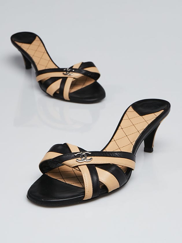 Chanel Black/Beige Leather Open Toe CC Kitten Heel Sandals Size 7.5/38