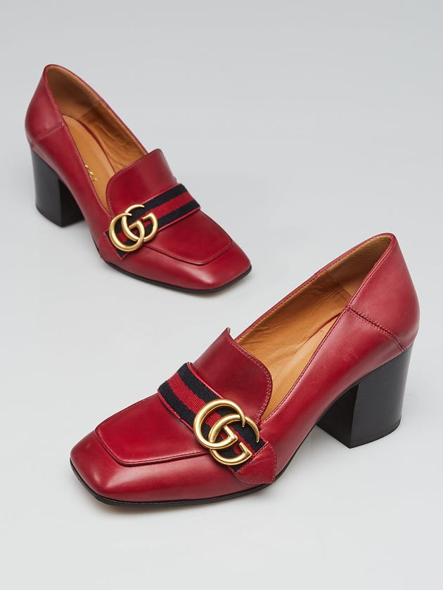 Gucci Red Leather Vintage Web Marmon Mid-Heel Loafers Size 5/35.5