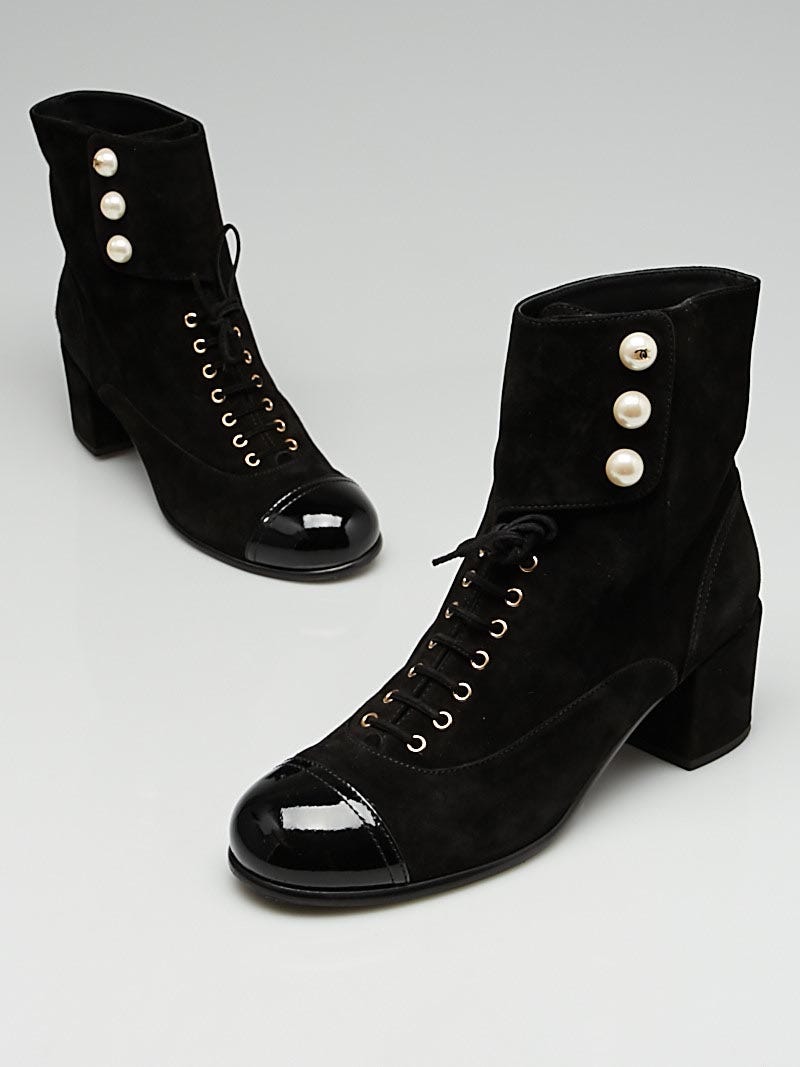 Chanel Black Suede and Patent Leather Ankle Boots Size 7.5/38