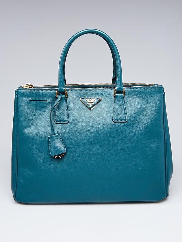 Prada Teal Saffiano Lux Leather Double Zip Large Tote Bag BN1786