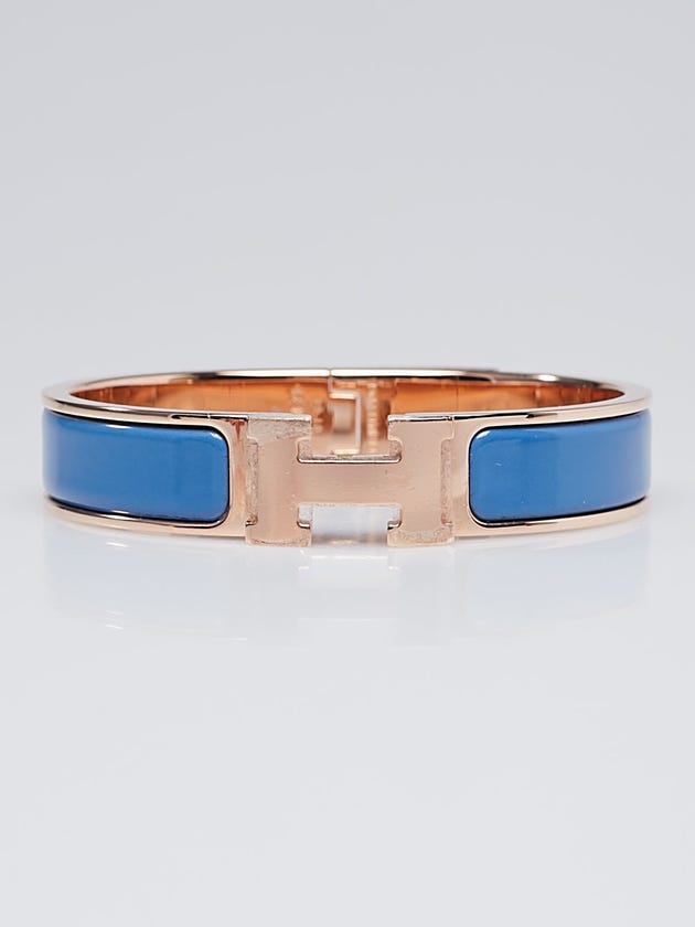 Hermes Blue Enamel Rose Gold Plated Clic-Clac H PM Narrow Bracelet