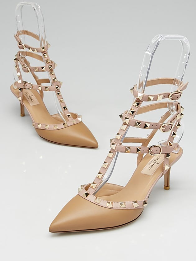 Valentino Beige Leather Rockstud T-Strap Kitten Heel Pumps Size 5.5/36