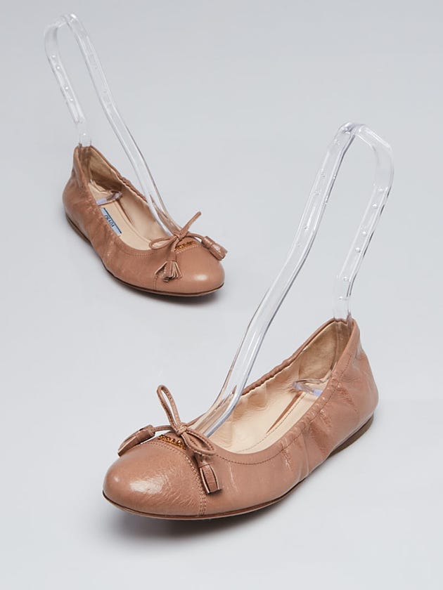 Prada Beige Leather Elastic Bow Ballet Flats Size 6/36.5