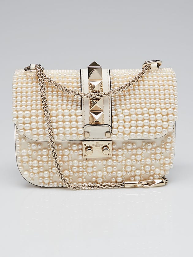 Valentino White Calfskin Leather and Pearls Rockstud Lock Small Flap Bag
