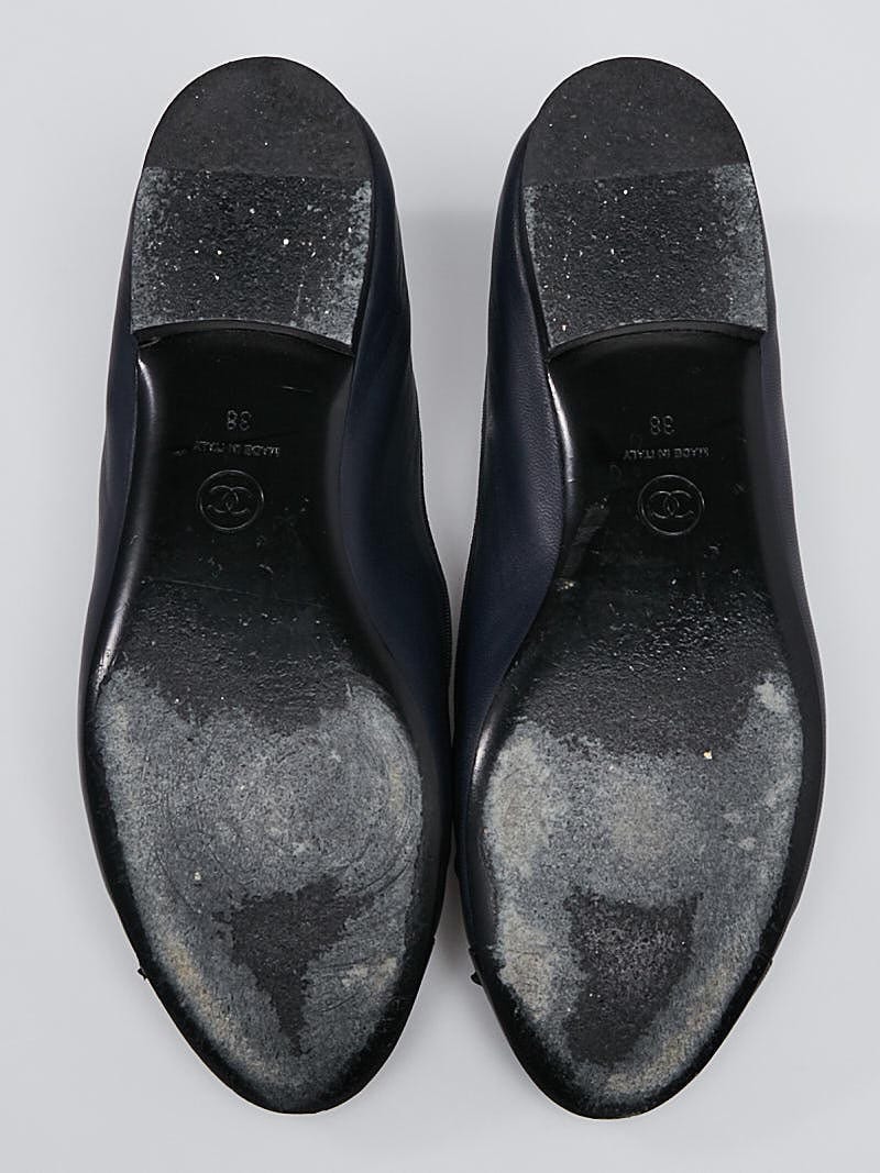 Chanel Navy Blue/Black Leather Cap Toe CC Ballet Flats Size 7.5/38 -  Yoogi's Closet