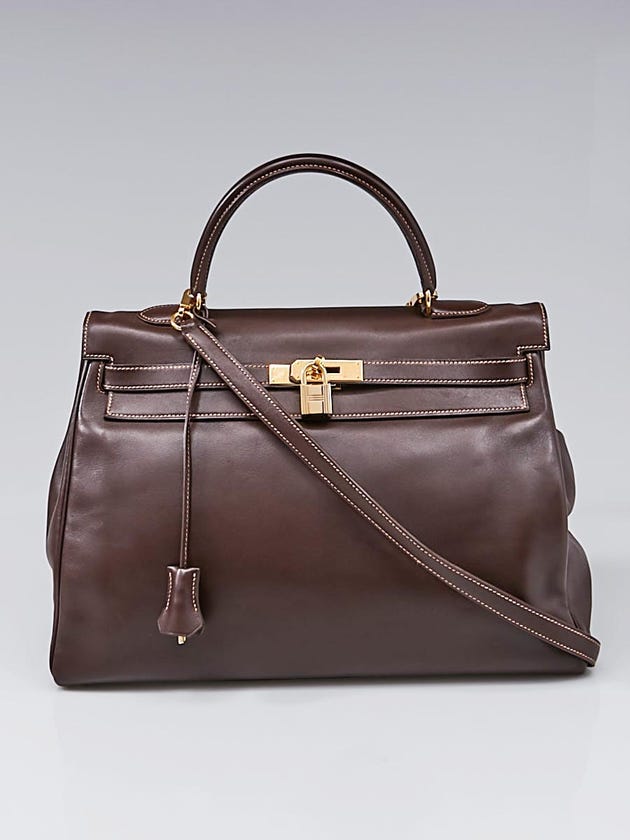 Hermes 35cm Havane Gulliver Leather Gold Plated Kelly Retourne Bag