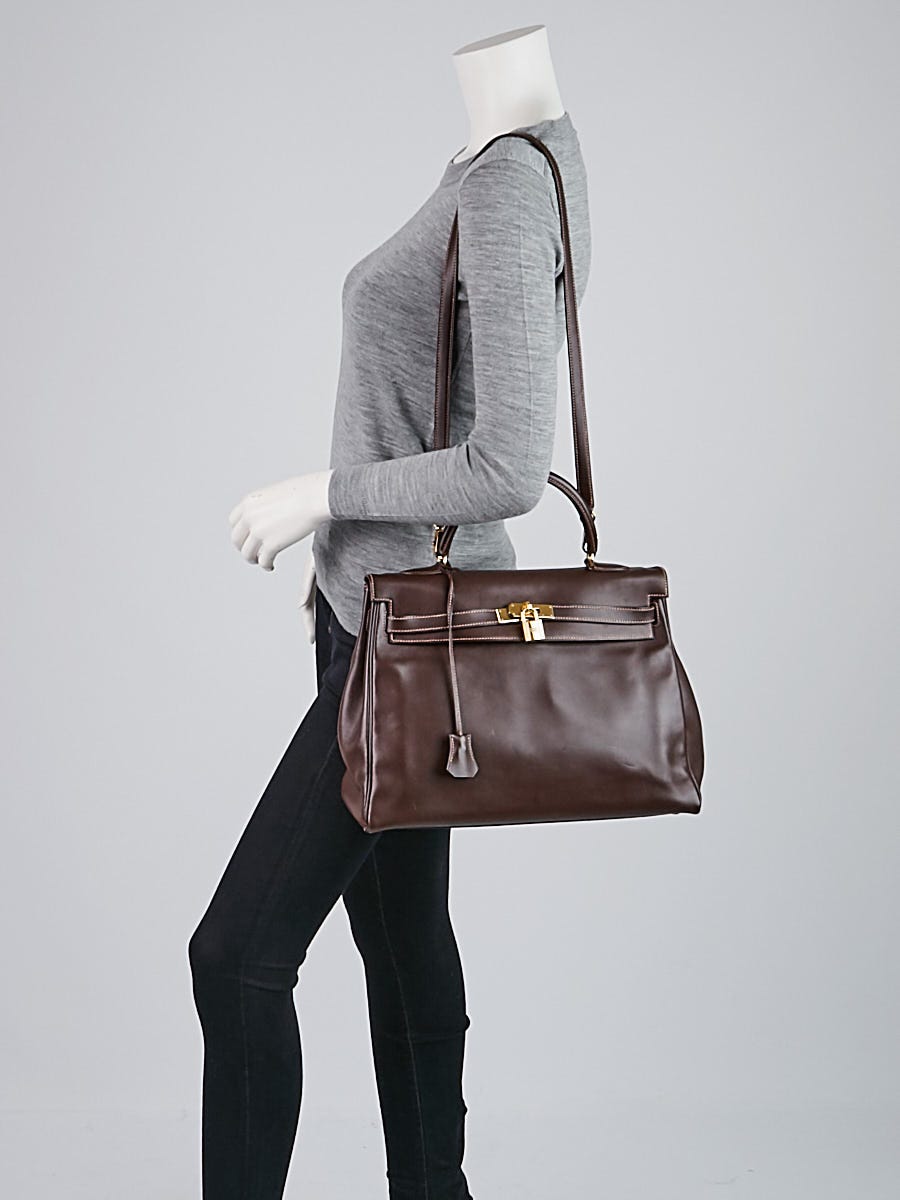 HERMES Kelly 35 Gold Gulliver Leather Retourne Woman's Handbag w/ Dustbag