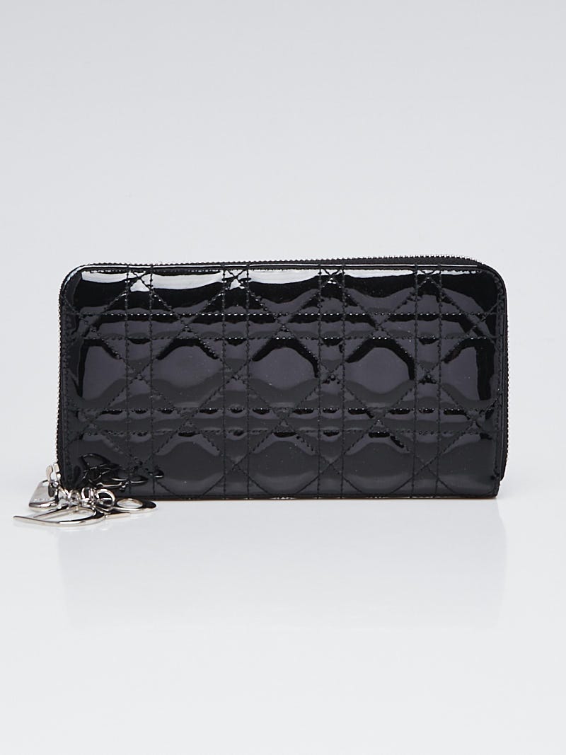 Christian Dior Black Cannage Quilted Patent Leather Zippy Wallet