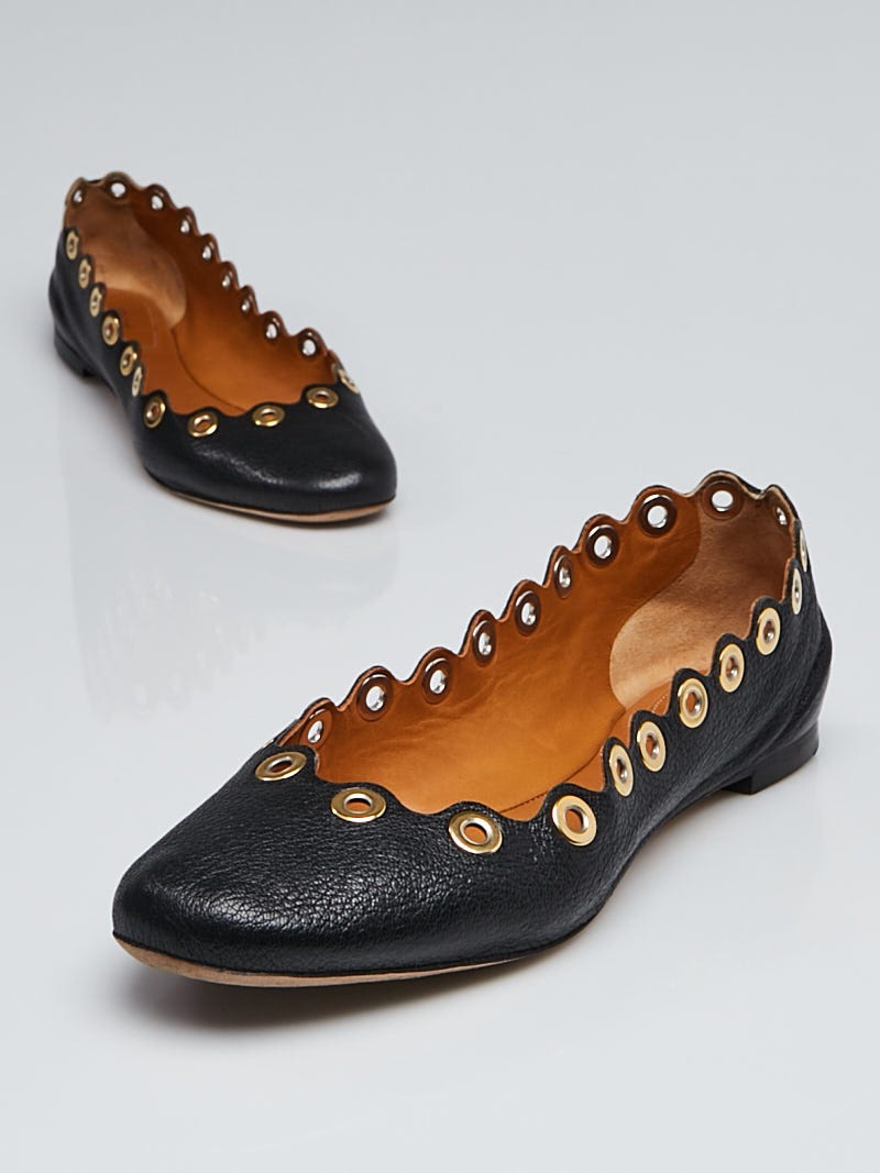 Chloe Black Leather Scalloped Grommet Ballerina Flats Size 7.5/38