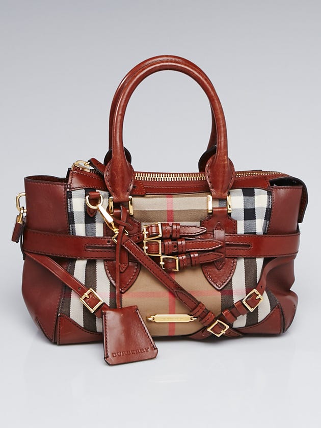 Burberry Leather Bridle House Check Canvas Small Tote Bag