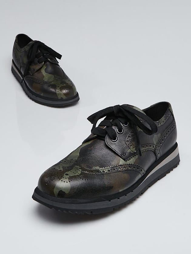 Prada Green/Black Camouflage Leather Wingtip Sneakers Size 6/36.5