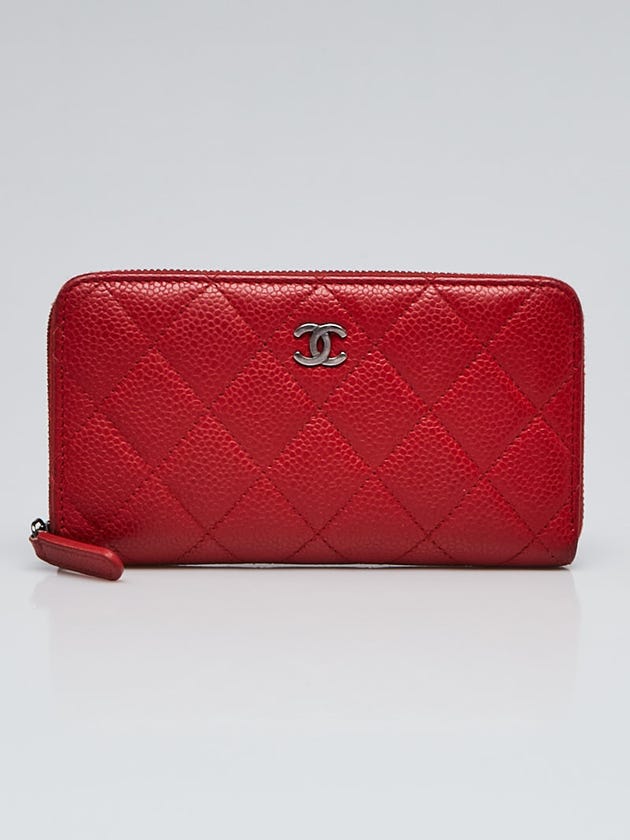 Chanel Red Quilted Caviar Leather Zippy Compact Wallet