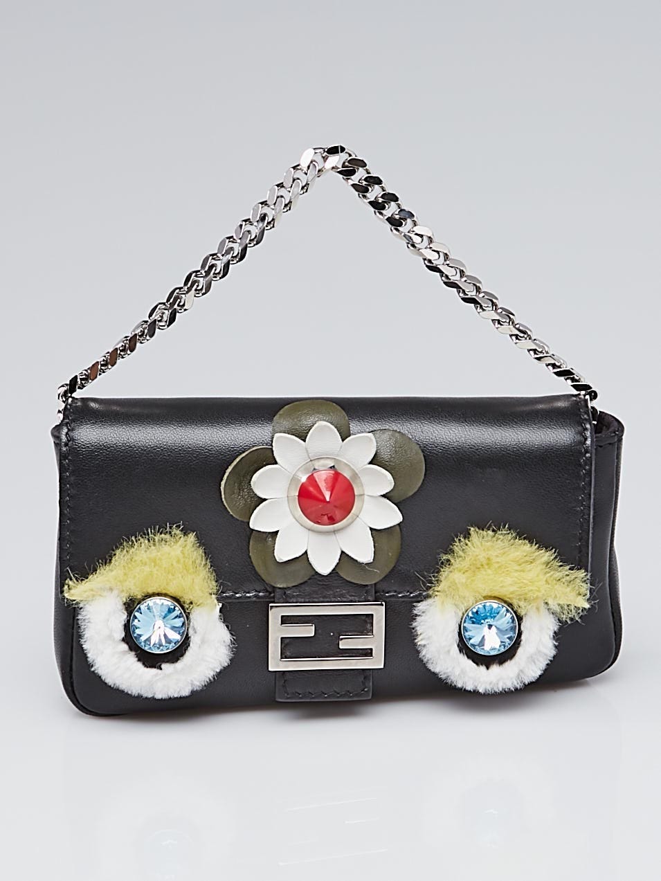 Fendi Black Nappa Leather and Rabbit Fur Micro Buggie Baguette Bag