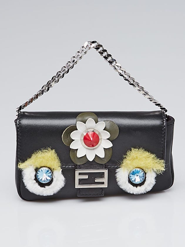 Fendi Black Nappa Leather and Rabbit Fur Micro Buggie Baguette Bag 8M0354
