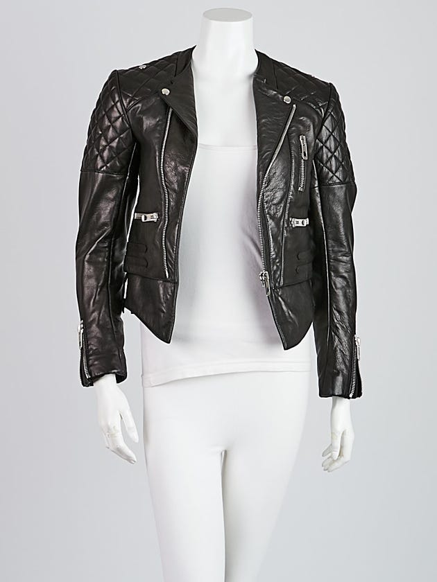 Balenciaga Brown Quilted Lambskin Leather Biker Jacket Size 2/34