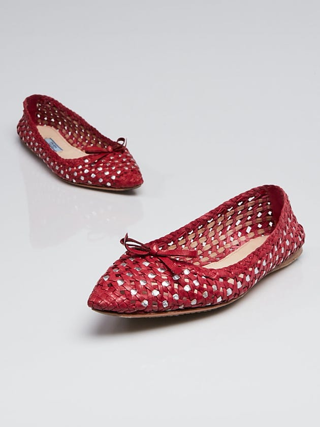 Prada Red Woven Leather Bow Flats Size 8/38.5