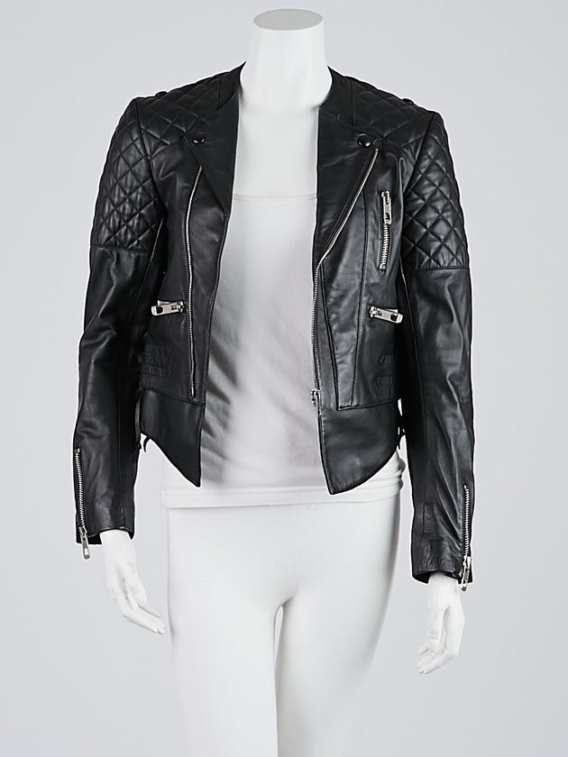 Balenciaga Black Quilted Lambskin Leather Biker Jacket Size 2/36