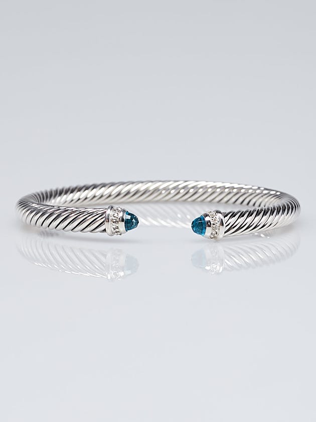 David Yurman 5mm Sterling Silver and Blue Topaz with Diamonds Cable Classics Bracelet