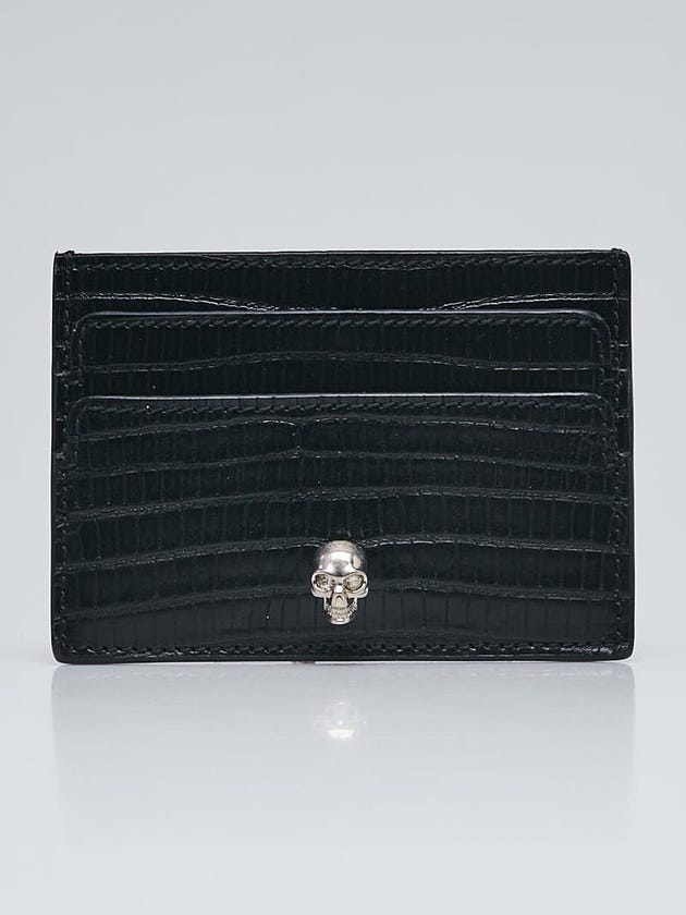 Alexander McQueen Black Crocodile Embossed Leather and Silvertone Skull Card Holder