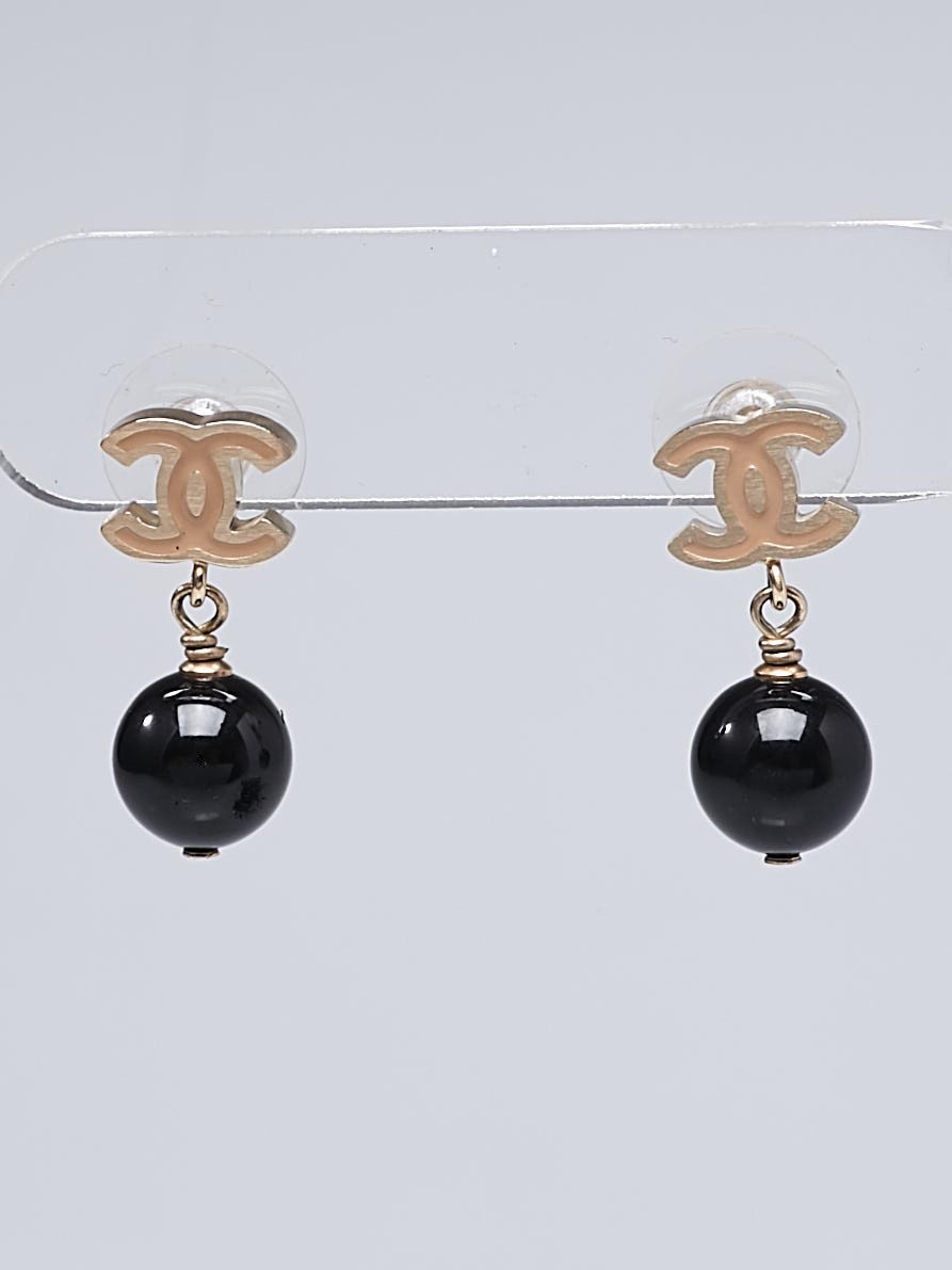 Chanel Beige Enamel CC and Black Stone Drop Earrings - Yoogi's Closet